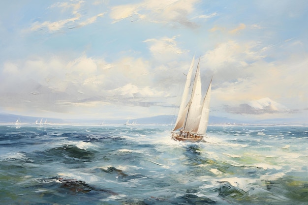 Una pintura de un velero en el océano con un cielo nublado al fondo.