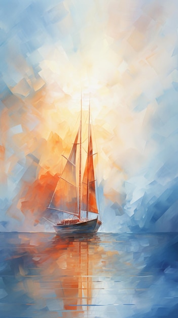 Pintura de un velero en el océano con un sol brillante ai generativo.