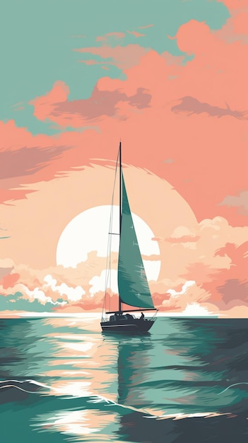 Una pintura de un velero en el océano con el sol detrás.