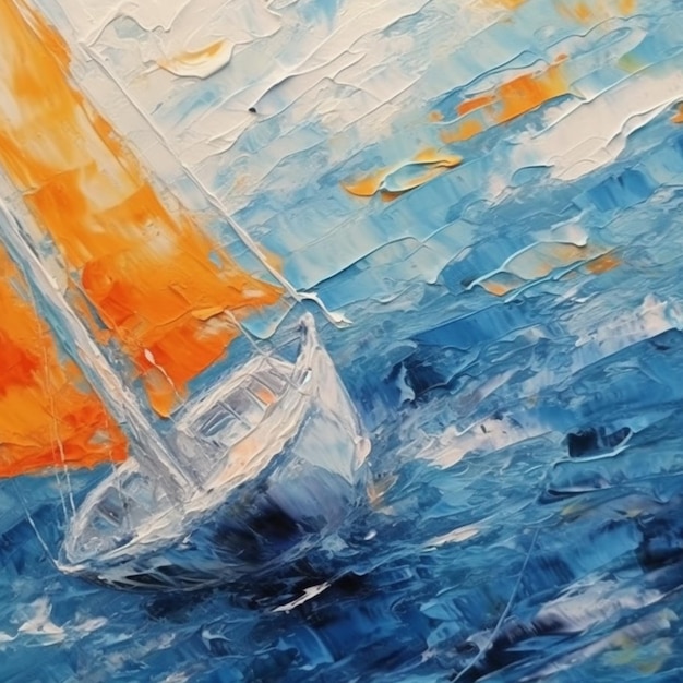Pintura de un velero en el océano con una vela naranja brillante generativa ai