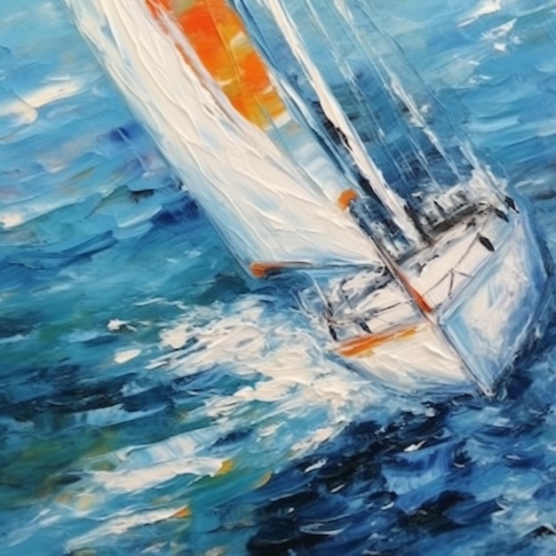 Pintura de un velero en el océano con una vela naranja brillante generativa ai