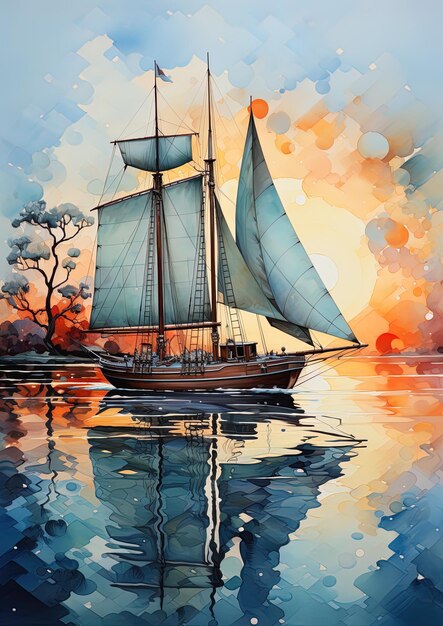 una pintura de un velero con las palabras vela en la vela