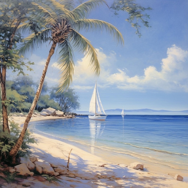 una pintura de un velero en una playa con una palmera en primer plano.