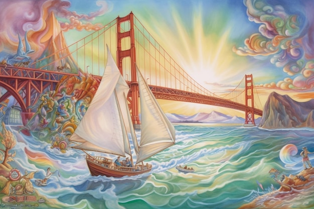 Una pintura de un velero con el puente Golden Gate al fondo.