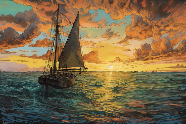 Una pintura de un velero con la puesta de sol detrás de él.