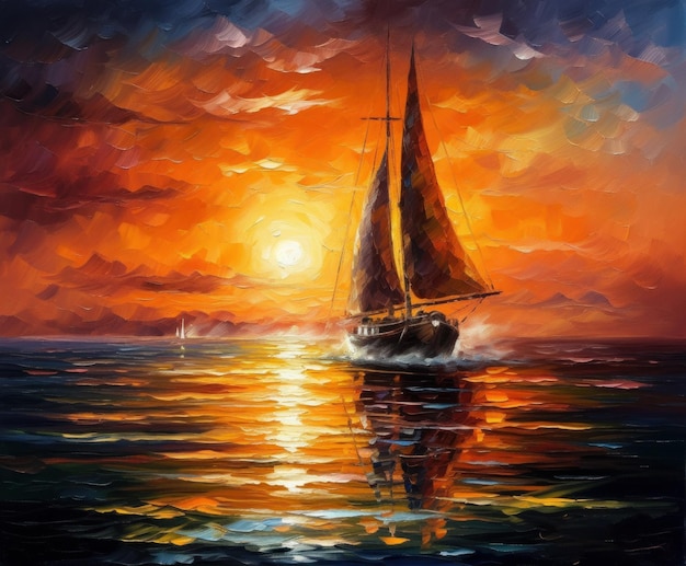 Una pintura de un velero con la puesta de sol detrás de él