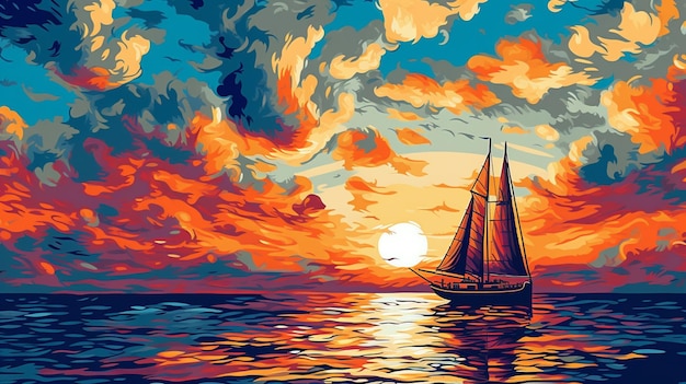 Una pintura de un velero en la puesta del sol