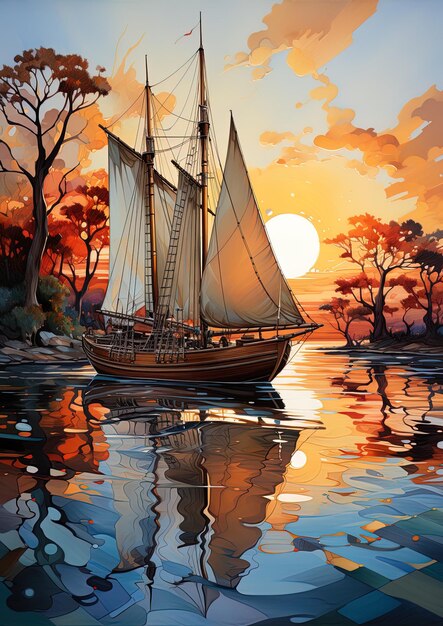 una pintura de un velero con el sol poniéndose detrás de él