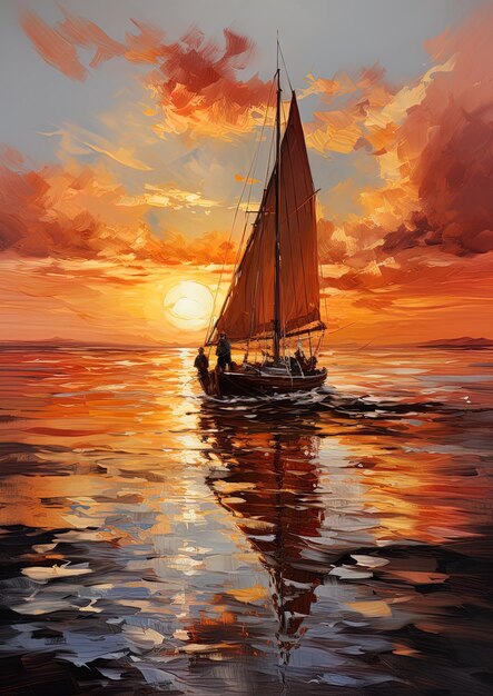 una pintura de un velero con el sol poniéndose detrás de él