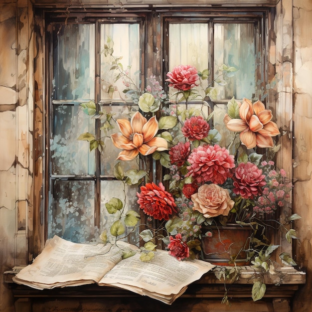 pintura de una ventana con un libro y flores en ella generativa ai