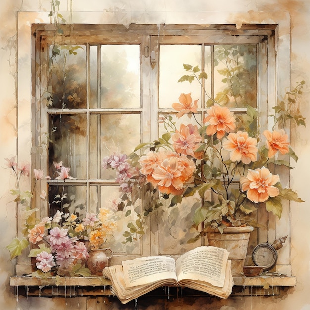 pintura de una ventana con un libro y flores en una repisa ai generativo