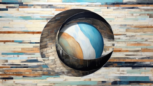 Una pintura de una ventana redonda con un círculo azul en el centro.