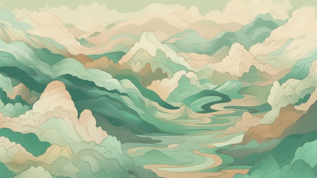 Una pintura verde y azul de montañas y un río con una montaña al fondo.
