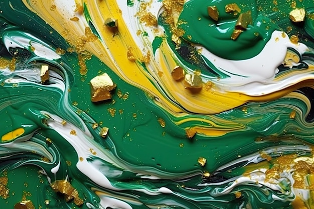 Una pintura verde y blanca con pepitas de oro.