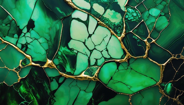 Una pintura verde y dorada de un vidrio roto.
