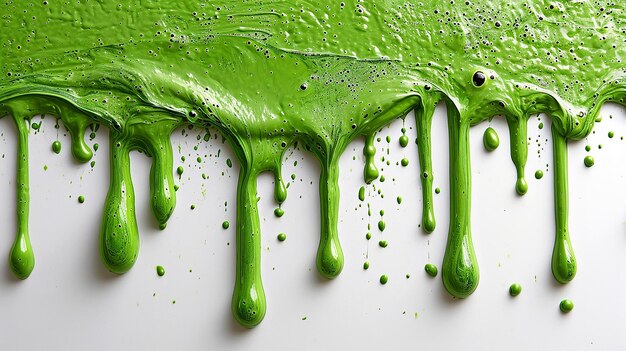 La pintura verde forma gotas sobre un fondo blanco