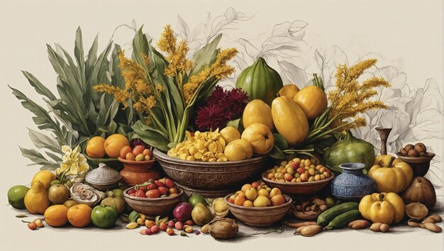 una pintura de verduras y frutas, incluida una que dice " melón "