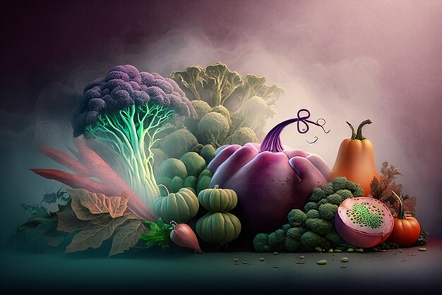 Una pintura de verduras y frutas.