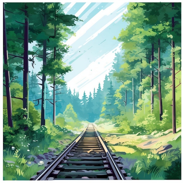 Una pintura de una vía de tren con un bosque al fondo.