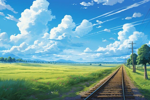 una pintura de una vía de tren corriendo a través de un campo