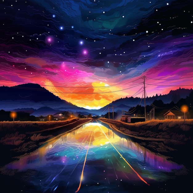 una pintura de una vía de tren y montañas con un cielo púrpura y las palabras " noche "