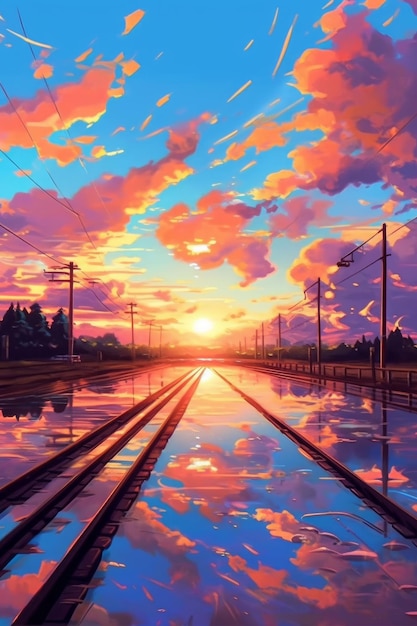 Una pintura de una vía de tren con una puesta de sol de fondo.