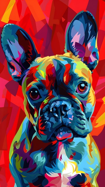 Pintura vibrante de un bulldog francés sobre un fondo rojo