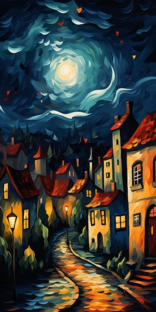 Pintura vibrante de ciudad nocturna con uso de colores fauvistas