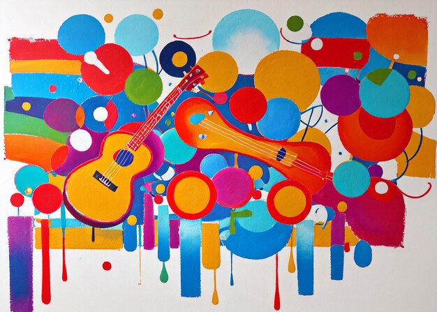 Foto una pintura vibrante y dinámica que captura la esencia de la música a través de una guitarra rodeada de salpicaduras