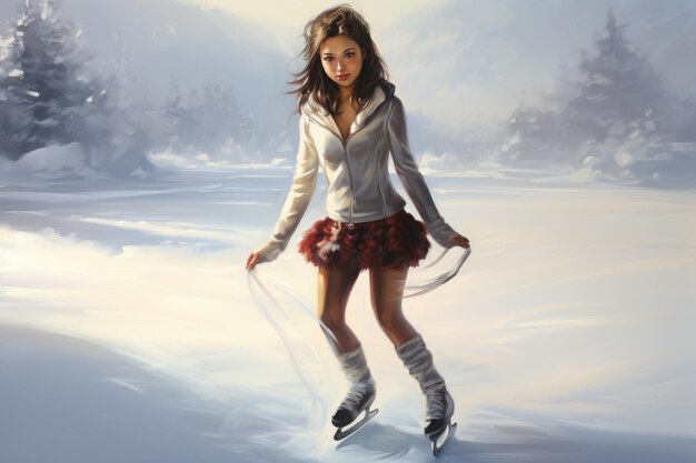 Una pintura vibrante que captura la alegría de una mujer patinando con gracia en el hielo en medio de un paisaje nevado.