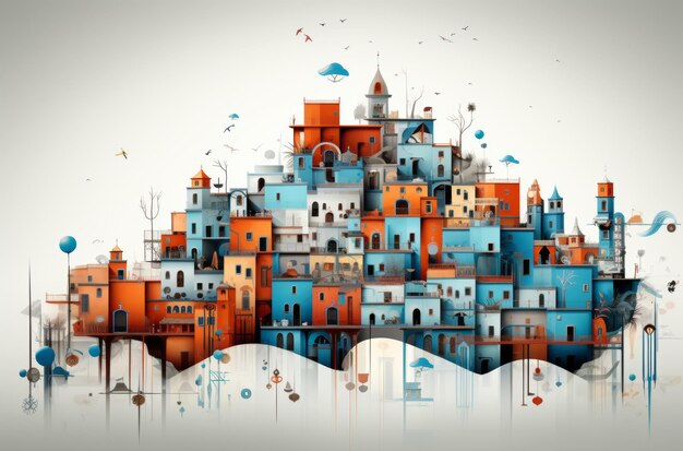 Foto una pintura vibrante que captura la ciudad llena de edificios altísimos y una miríada de calles coloridas