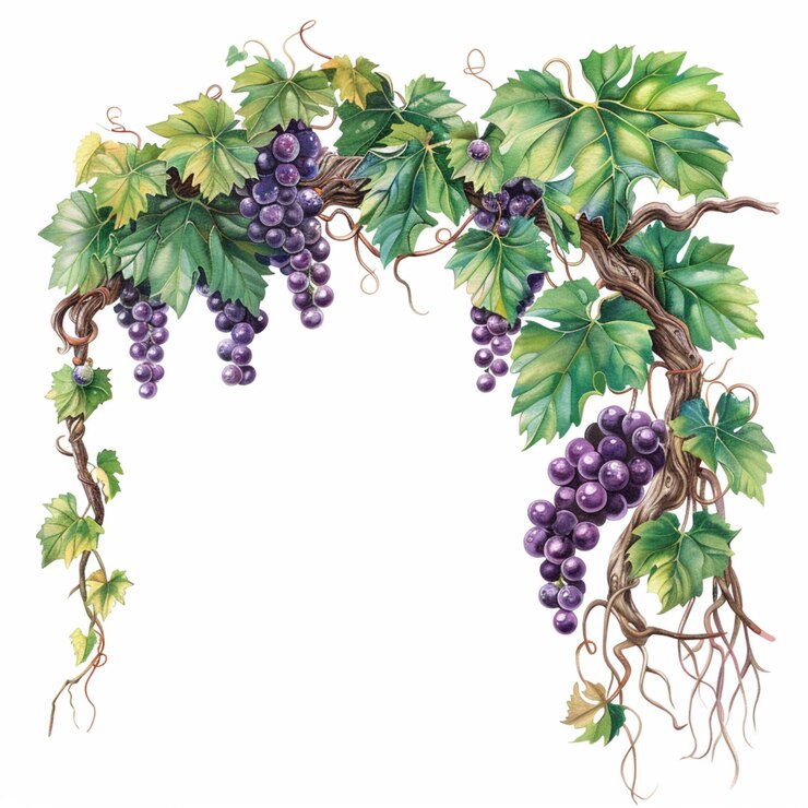 Foto una pintura de una vid con uvas púrpuras y hojas verdes generativa ai