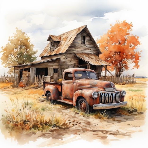 Pintura de un viejo camión estacionado frente a un granero generativo ai