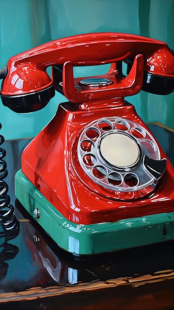 Una pintura de un viejo teléfono retro rojo en una mesa ai