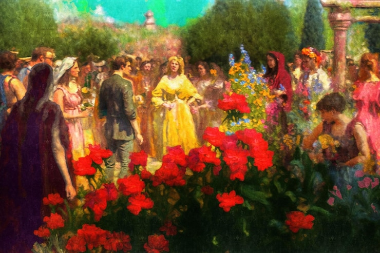 Foto pintura vintage da idade média de pessoas com estilo de vida e lindas meninas e mulheres e homens com flo