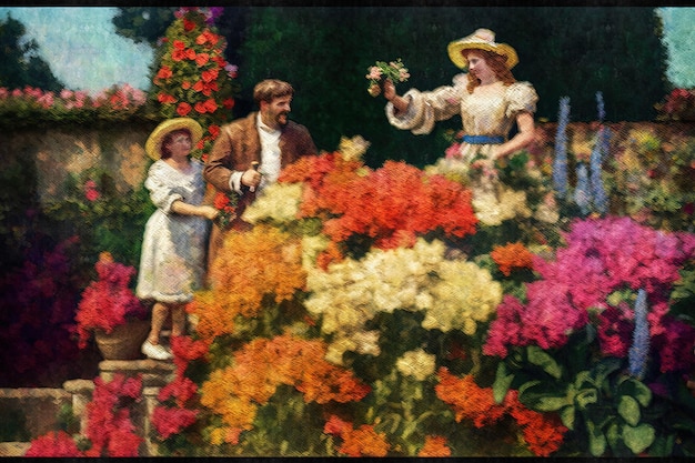 Pintura vintage de la Edad Media de personas de estilo de vida y hermosas niñas y mujeres y hombres