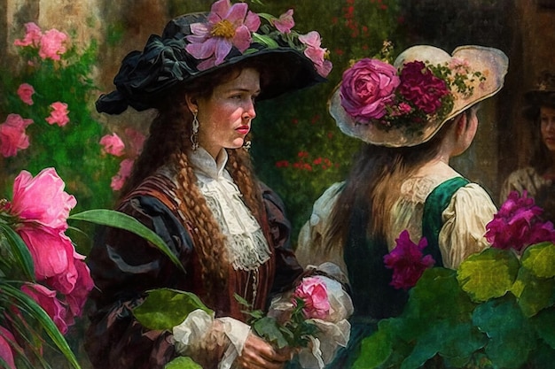 Pintura vintage de la Edad Media de personas de estilo de vida y hermosas niñas y mujeres y hombres