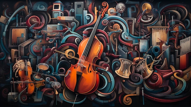 una pintura de un violín y un instrumento musical