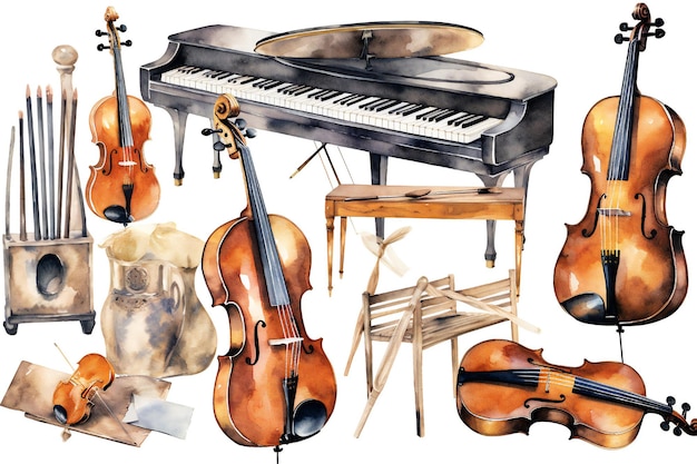 Una pintura de un violín y otros instrumentos, incluido un piano.