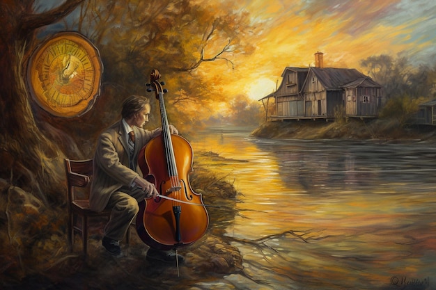 Una pintura de un violonchelo junto al río con un hombre sentado frente a él.