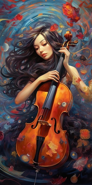 Una pintura de un violonchelo con una mujer tocándolo.