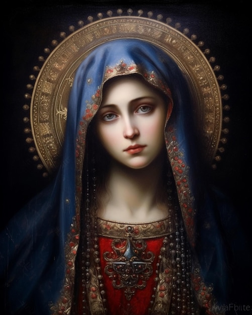 Una pintura de una virgen maría con fondo oscuro.