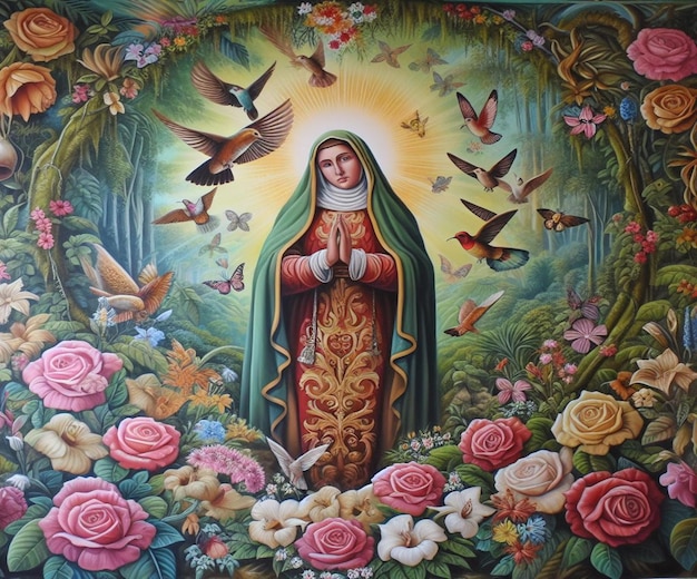 Foto una pintura de una virgen maría con una paloma y flores