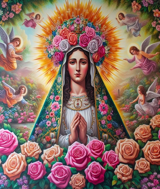 Foto una pintura de una virgen maría con rosas y ángeles