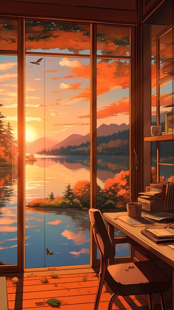 Pintura de una vista del atardecer de un lago y una casa del lago generativa ai