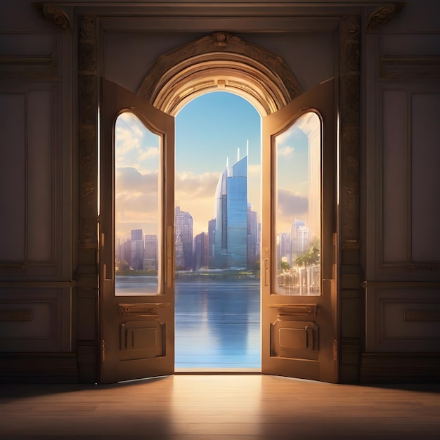 pintura de una vista de la ciudad desde una puerta