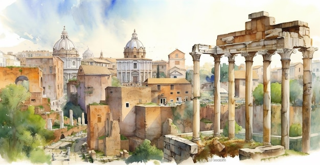 Pintura de una vista de una ciudad romana con una iglesia y un foro romano ai generativo