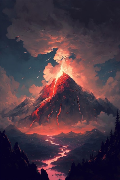 Pintura de un volcán en la cima de una montaña ai generativo