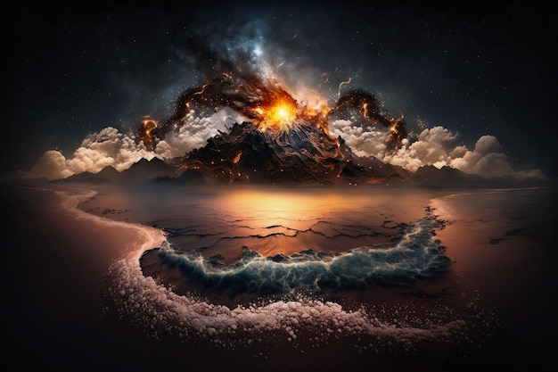 Una pintura de un volcán con un mar y nubes al fondo.