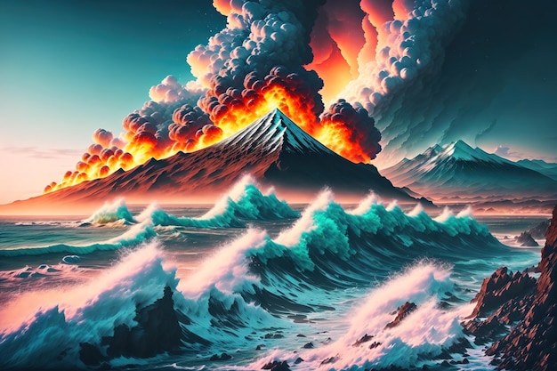 Una pintura de un volcán y un volcán.